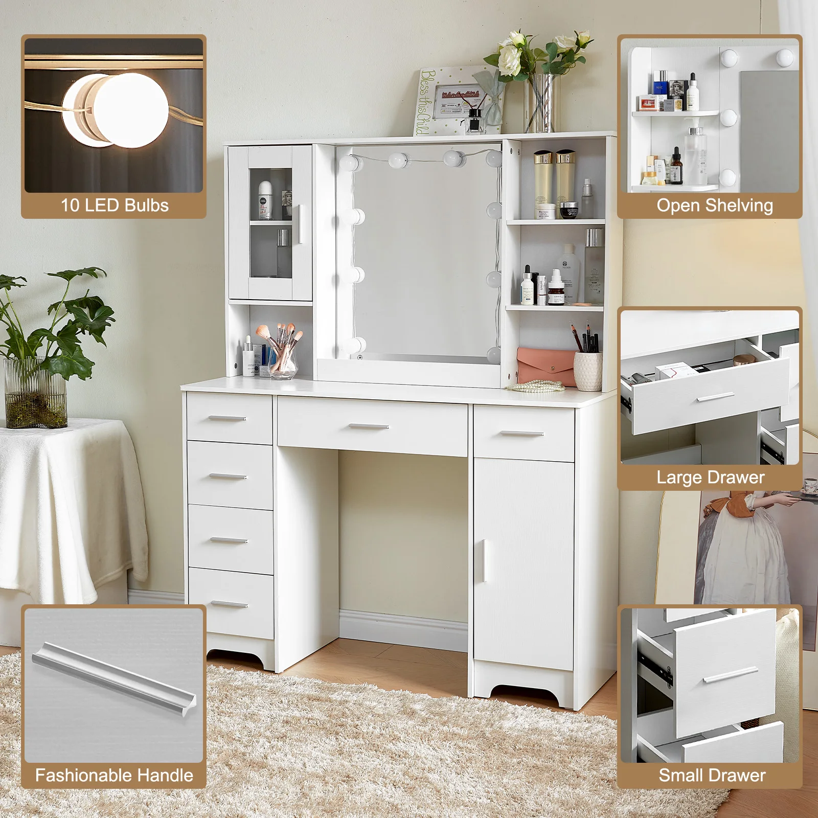 【صفقات 11.11، عروض الجمعة السوداء 2025】مكتب مكياج منضدة الزينة مع مرآة بإضاءة LED ودرج كبير للخزانة