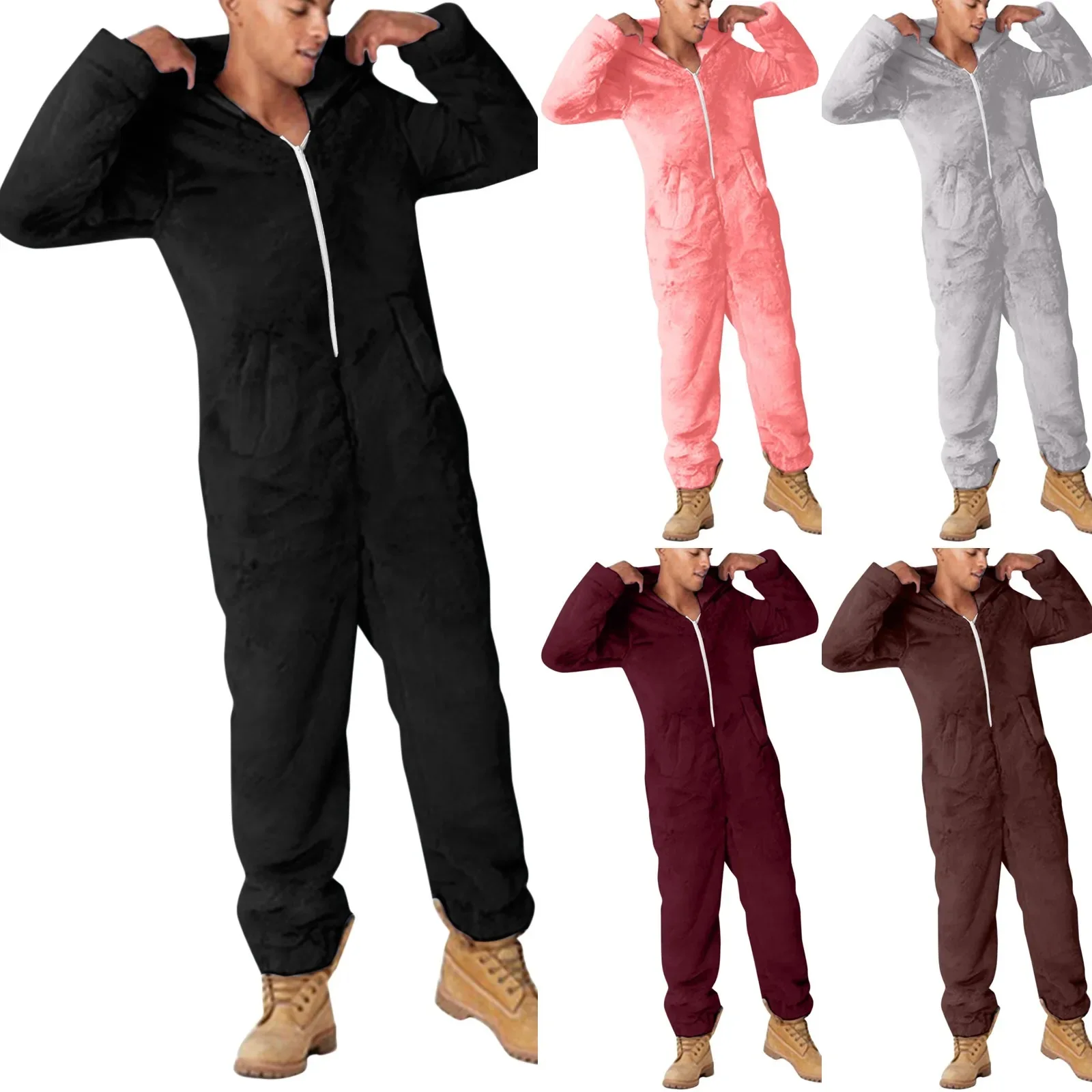 Double-sided Fleece Men's Solid Color Hooded Onesie Casual Home Clothes Comfortable Sleepwear Pajama Set