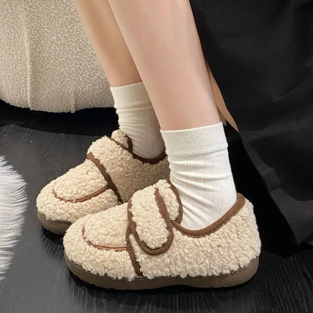 

Round Head Warm Slippers Anti-slip Casual Lamb Fleece Slippers Soft Soled Indoor Outdoor Winter Slippers Women Fall Winter
