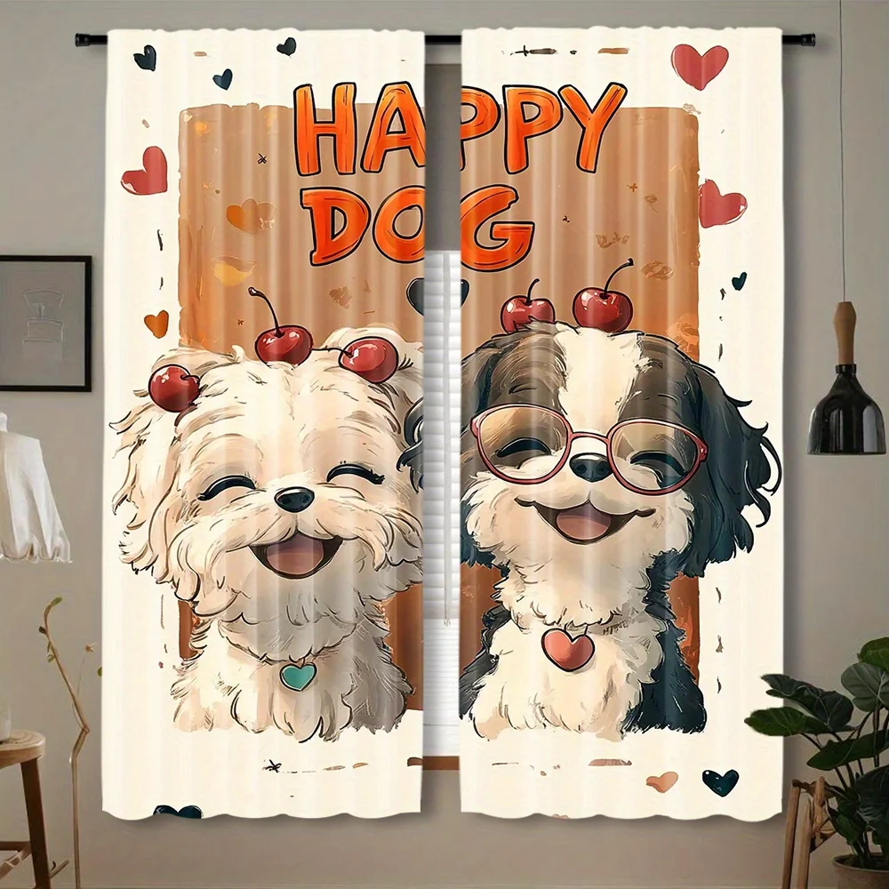 Happy Dog Curtains, Cute Cartoon Puppy Graphic Window Drapes, Pet Lover Home Decor, Blackout Fabric for Kids Bedroom