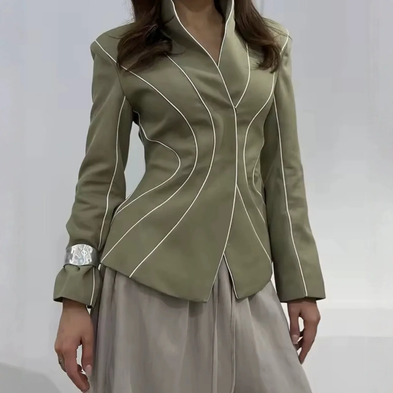 FANAN Women Stand Collar Blazer Contrast White Piping Seam Line Tailored Slim Fit Long Sleeve V-neck Fishtail Hem Coat New