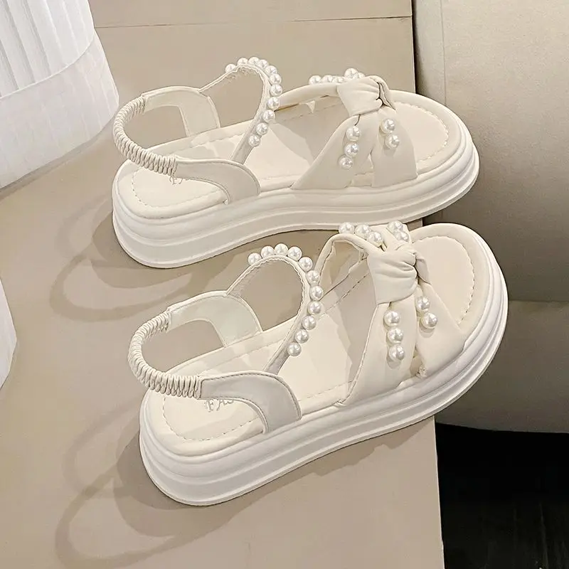 Pearl White Women's Sandals Platform Bow Ladies Shoes Korea Footwear Asian Size 2025 Luxury Trending Summer Sale Vintage Trend