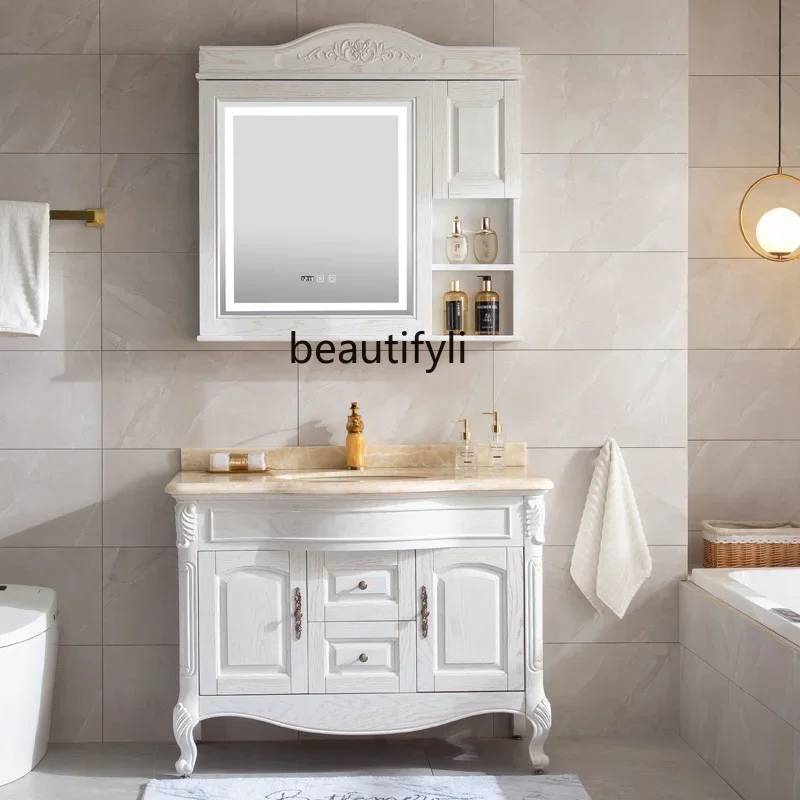 

European-Style Bathroom Cabinet Simple European Wash Basin Washbasin Smart Mirror Cabinet Combination Marble Table Top