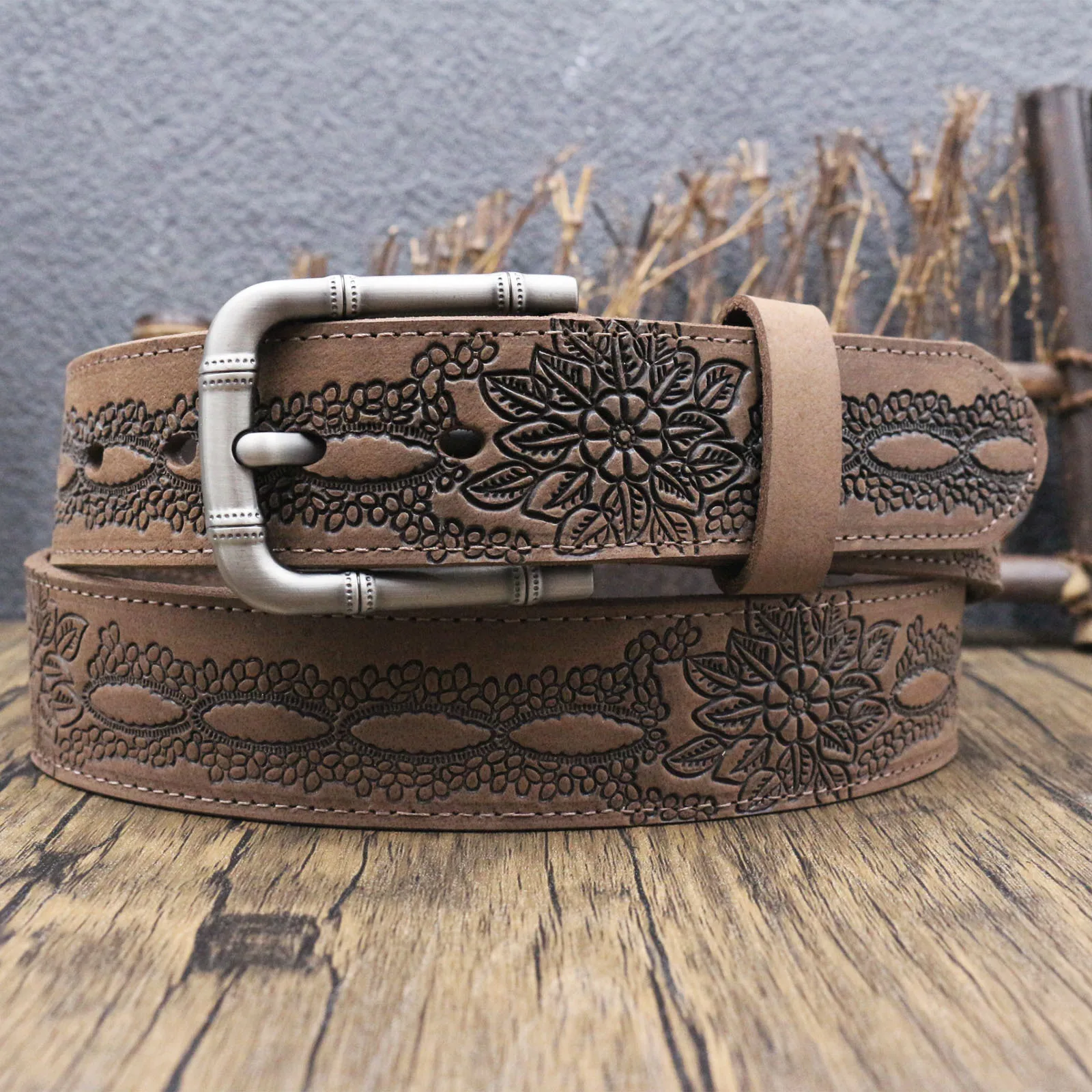 Top Grain Crazy Horse Leather Pin Buckle Belt Rugged Western Tooled Texture Elastic Premium Cowhide Layer Stable Metal
