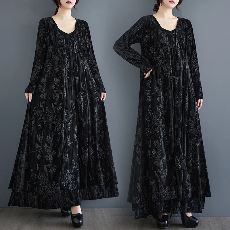 

Бархатная длинная юбка в китайском стиле в стиле ретро, пальто Bla с загадочным узором и вышивкой на пуговицах, верхняя одежда средней длины, весна-осень