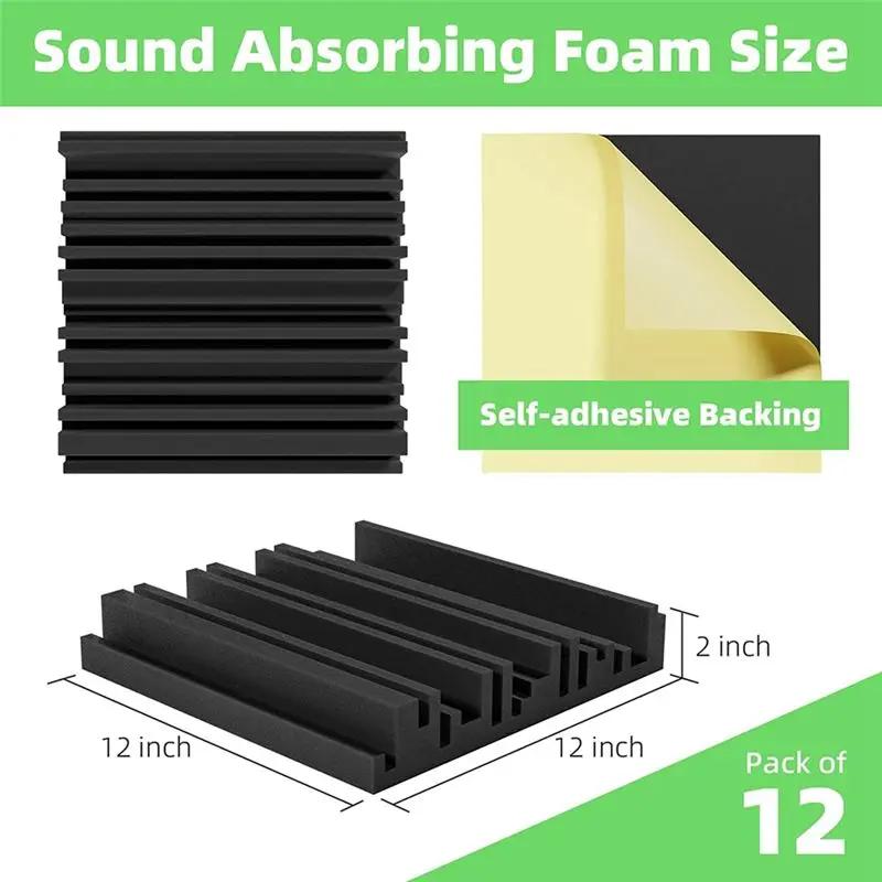 Paquete de 12 Paneles de Espuma Acústica Autoadhesivos A67P-12, 12x12x2 Pulgadas, Espuma Acústica de Alta Resiliencia, Aislamiento Acústico, Color Negro