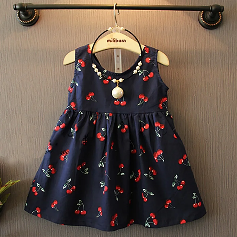 1-7 Years Baby Girls Dress New Cherry Summer Cotton Casual Dress Little Girl  Sleeveless Cute Dress  Free Shipping