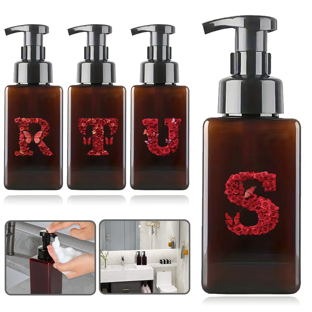 

450ml Foam Pump Bottle Refillable Shampoo Body Wash Split Bottle Foaming Soap Dispenser Travel Bathroom Red Rose Letter Pattern