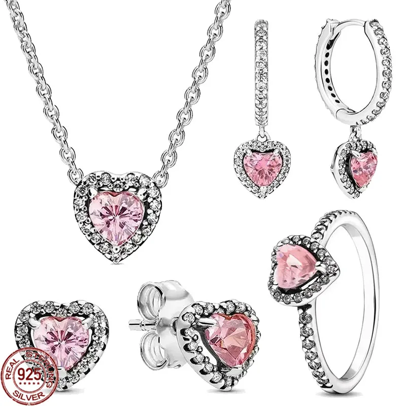 Classic 925 sterling silver pink heart-shaped series exquisite dazzling necklace rings earrings charm women's jewelry gifts