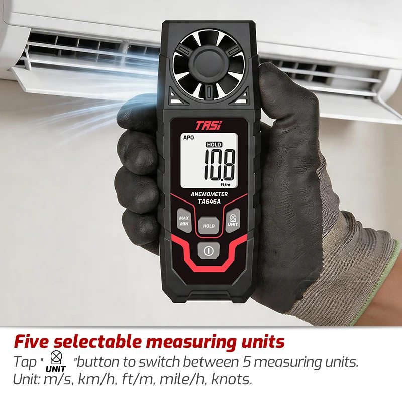 TASI TA646A Handheld Digital Anemometer with 5 Measurement Units and Temperature Sensor 0-45C for Air Flow Analysis