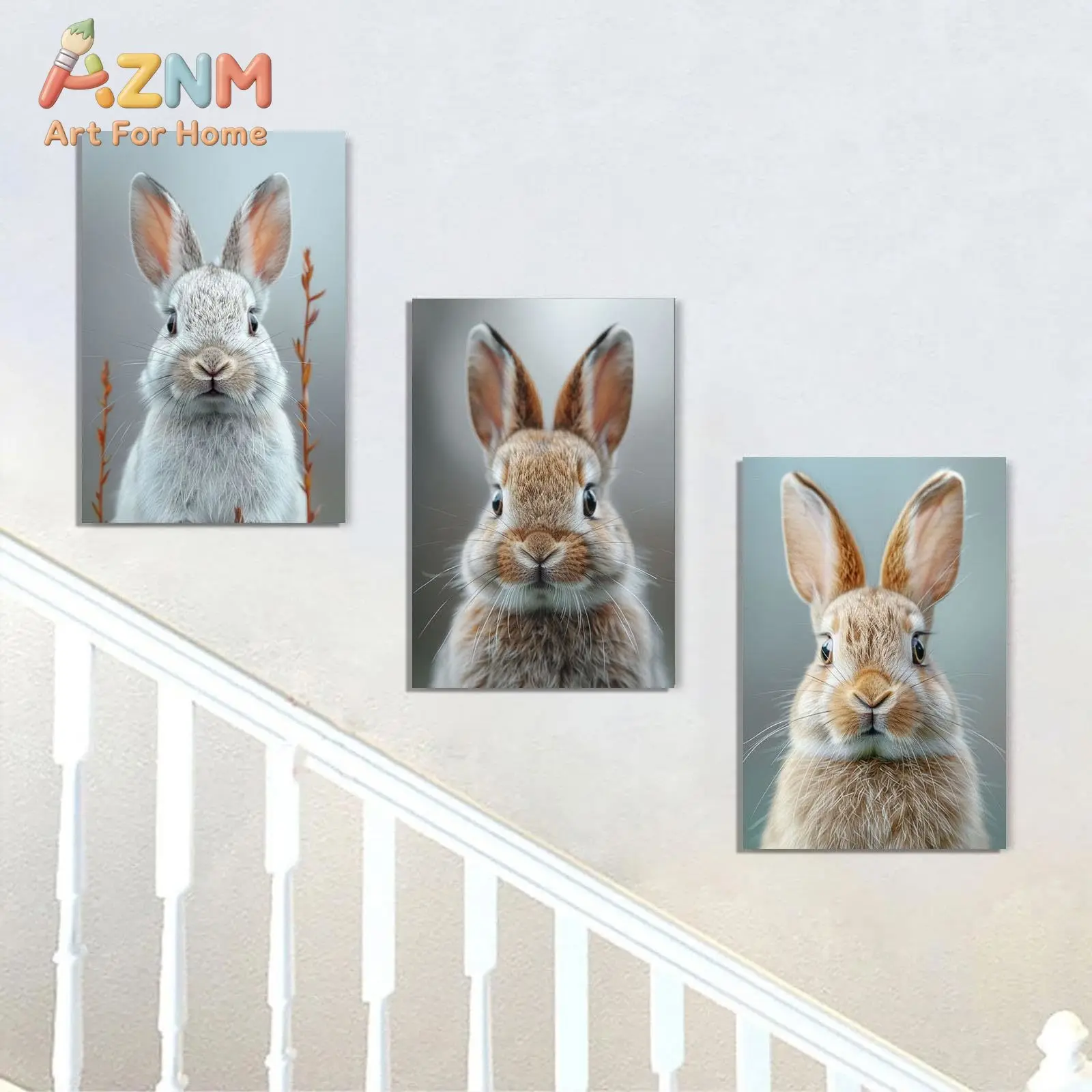 AZNM Cute Rabbit Canvas Wall Art Realistic Animal Portrait Frameless Canvas Painting Nursery Kids Room Home Decor Poster
