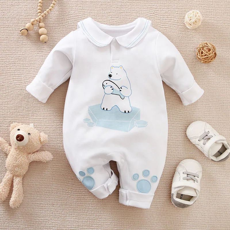 Spring And Autumn Boys And Girls Cute Cartoon Polar Bear Printed Cotton Comfortable Long Sleeve Baby Bodysuit