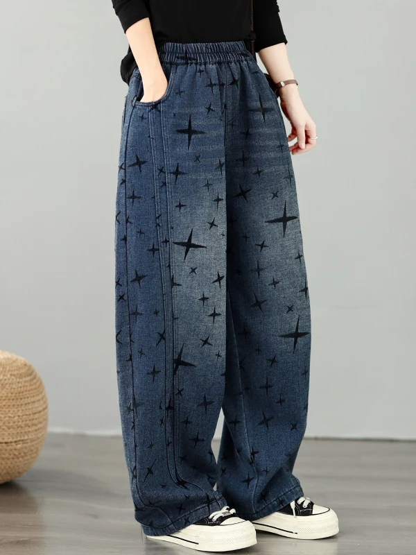 plus Size Flocked Denim Pants Women's Casual High Waist Straight Leg Blue Cotton Polyester Blend Autumn New Style Slimming