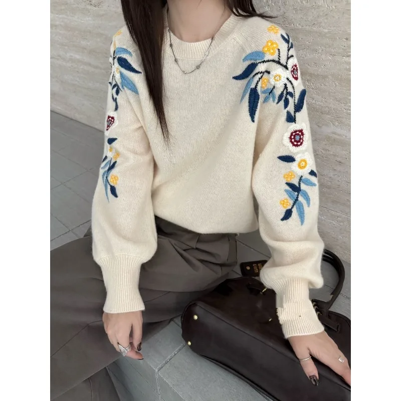 

Женская одежда, осенне-зимний свободный свитер с вышитым цветком и круглым вырезом, нижний свитер, топ