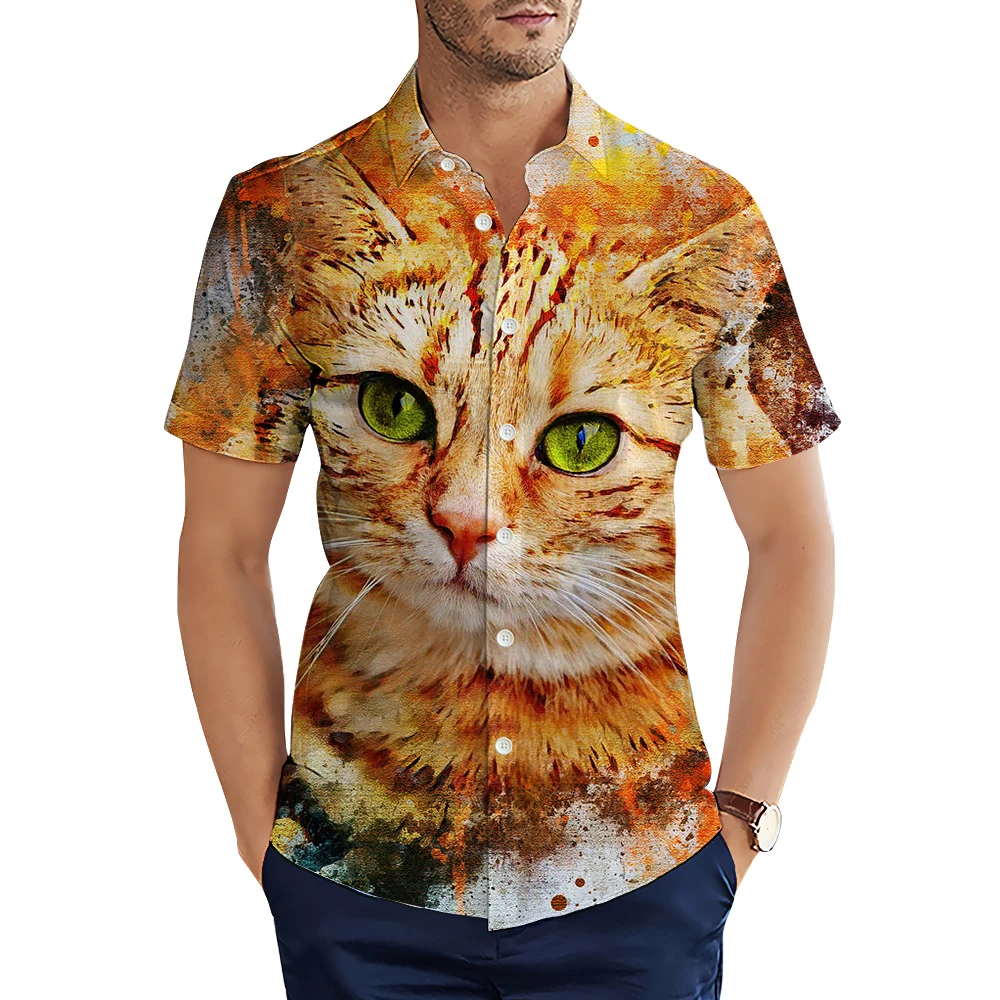 

HX Fashion Men Shirts Funny Animal Orange Cat Art 3D All Over Printed Casual Shirts for Men Clothing Summer Tops Camisas