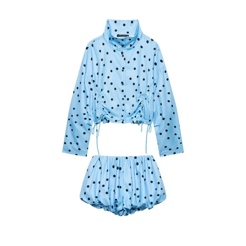 Polka Dot Two Piece Matching Set Stand Collar Drawstring Ruched Crop Blouse Bubble Hem Mini Shorts Women Vacation Casual Outfits