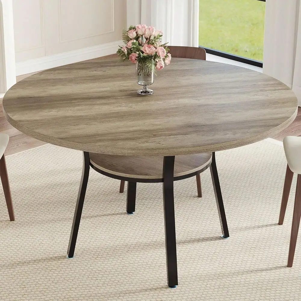 47 Round Dining Table For 46, Farmhouse Kitchen Table With Sturdy Metal Frame, Space Saving Circle Dinner Room Table For Kitche