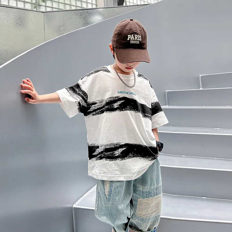 

Fashion Brand Loose Children Striped CottonTSummer T-shirt2024New Boys' Short Sleeve Middle and Big Children Half Sleeve Half Sl