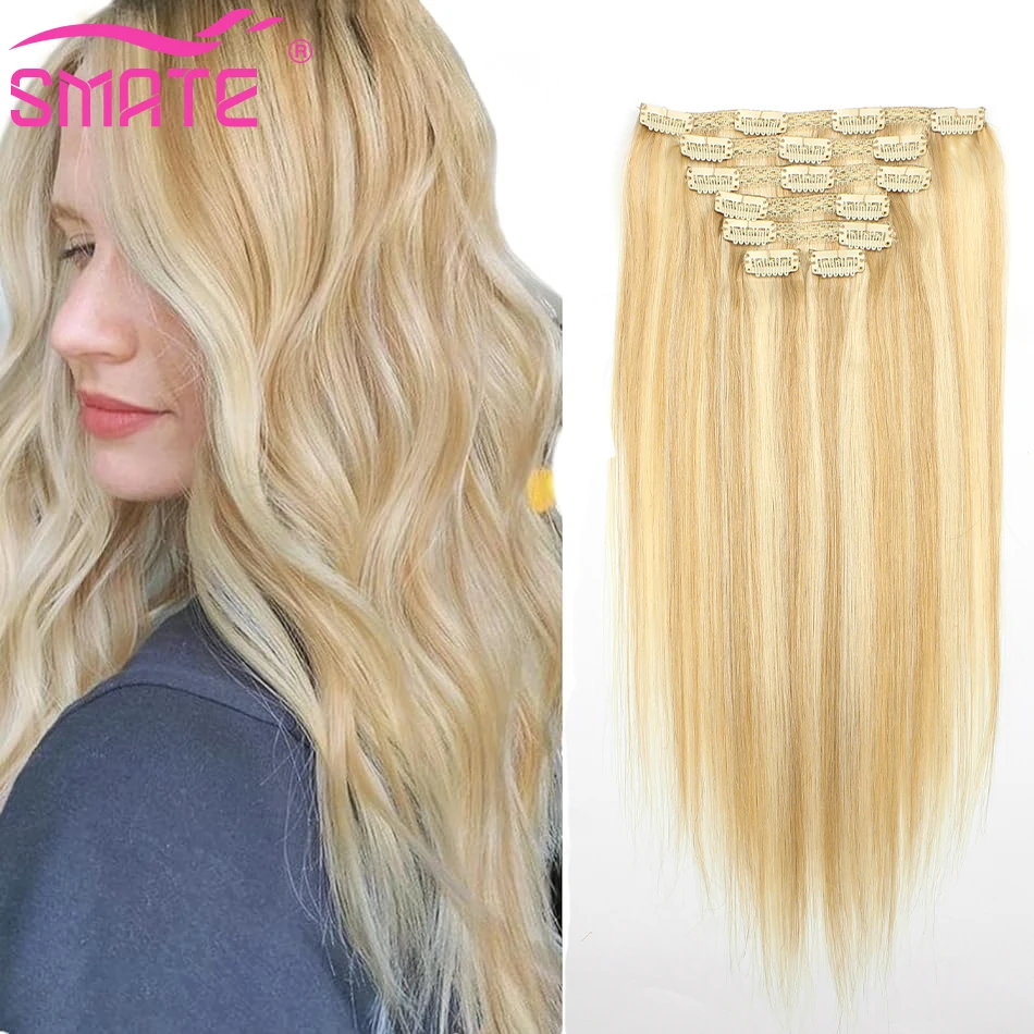 Extensiones de cabello humano con Clip P18/60 #, cabello Remy brasileño, 100% cabello humano, Clip de cabeza completa, 7 unids/lote por paquete de 14-28 pulgadas