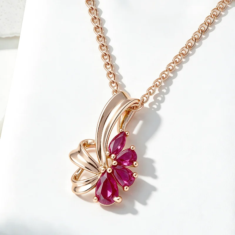 Wbmqda Roter Granat-Blumen-Anhänger und Halskette für Frauen, 585er Roségold, modisch, für Hochzeit, Party, Zirkon, Schmuckzubehör
