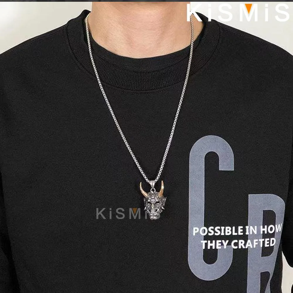 KISMIS 1PC Men's Evil Demon Horn Skull Pendant Necklace Vintage Gothic Punk Stainless Steel Jewelry image 2