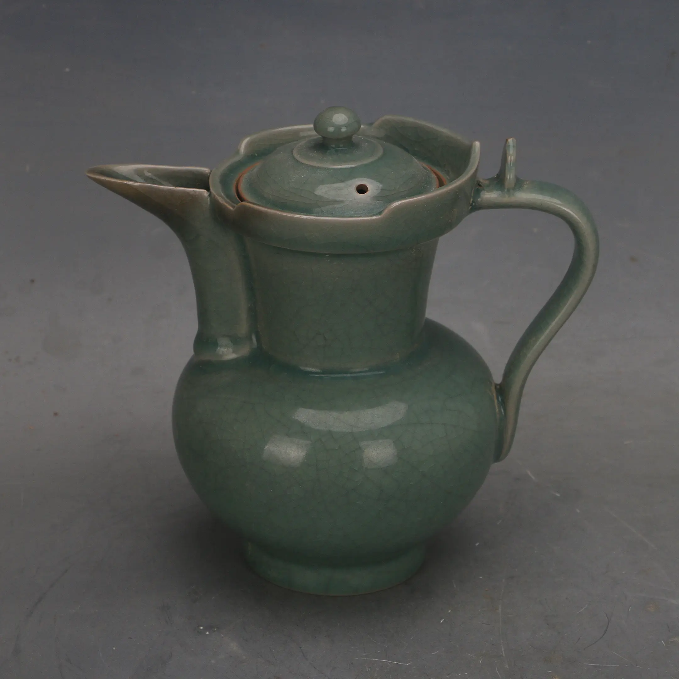 Vintage Style Chinese Ru Ware Celadon Ice Crackle Monks Cap Teapot Handmade Ceramic Home Decor Ornament