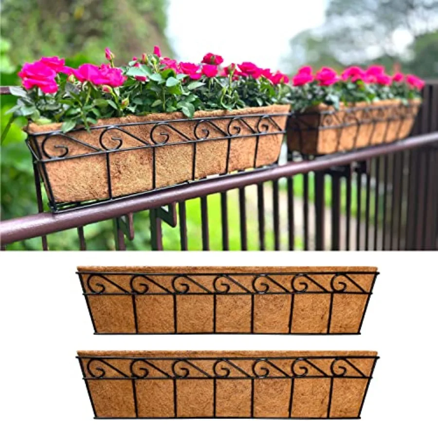 

Outdoor wall-mounted planters for balcony, deck, or porch railings; metal construction with coco liners; 30-inch, 2-pack; black