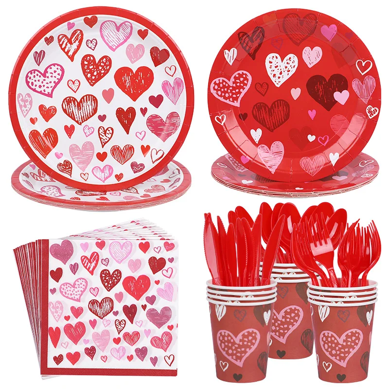 

Valentine's Day Disposable Tableware Love Heart Paper Plates Cups Napkins Tablecloth Romantic Wedding Anniversary Party Supplies