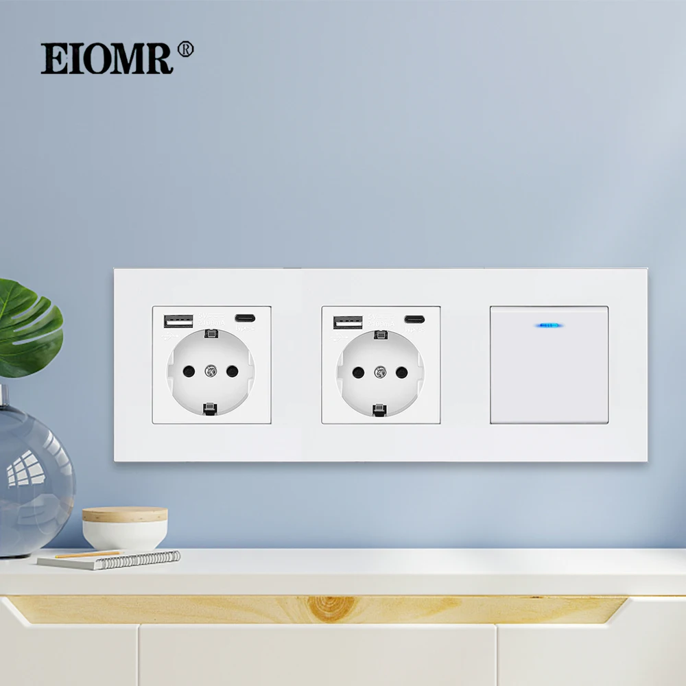 EIOMR Wall Type C Power Outlet Wall Light Switch 16A AC 220V 5V 2.1A with Usb Ports Quick Charge EU Standard USB Charging Socket