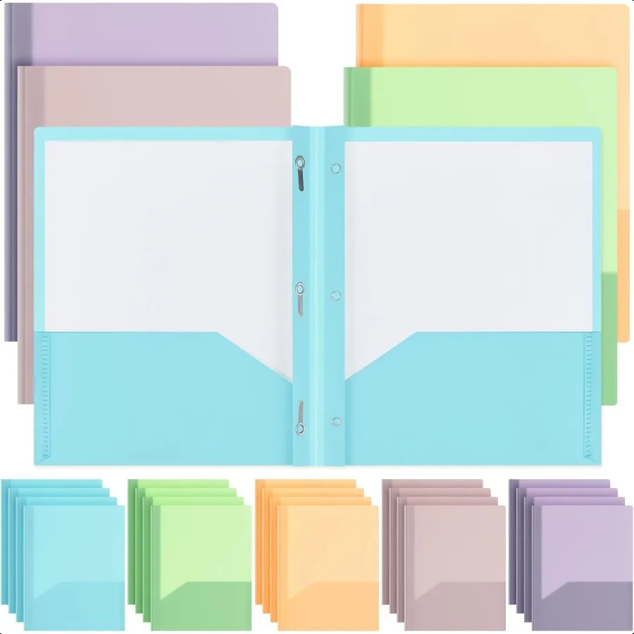 

20 Pcs Cute Plastic Folders with Pockets and 3 Prongs Pastel Colors Durable File Folders with Fasteners and Pockets for Documen