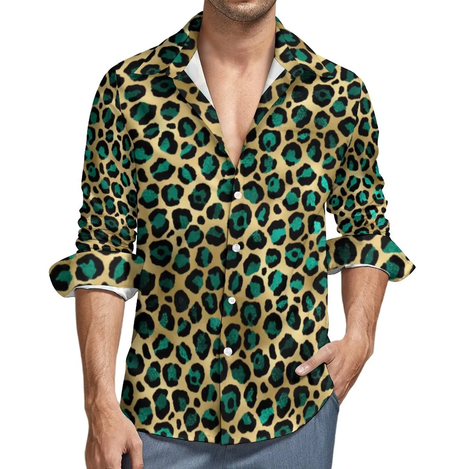 Teal And Gold Leopard Casual Shirt Man Spots Print Shirt Autumn Street Style Blouses Long Sleeve Print Oversize Clothing