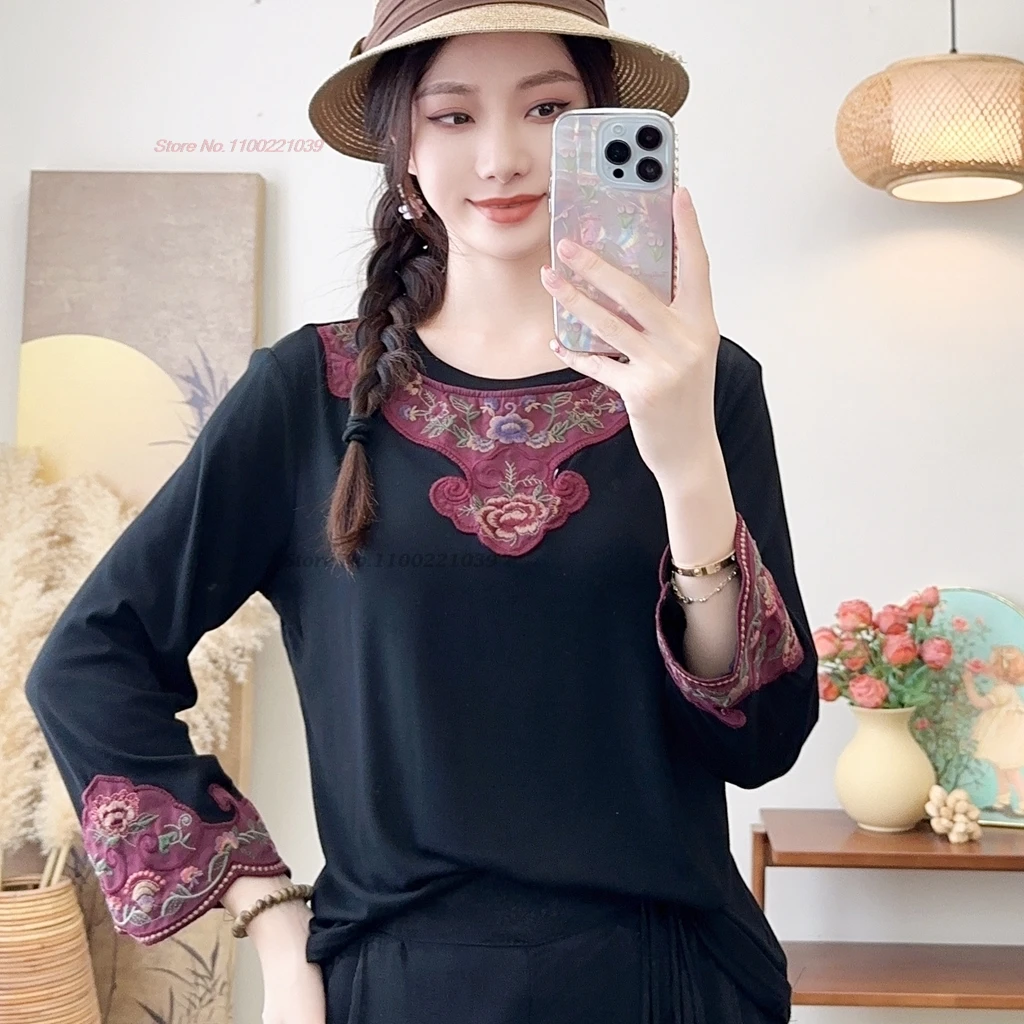 

2024 chinese traditional t-shirt national flower embroidery o-neck shirt vintage hanfu tops oriental folk shirt retro base shirt