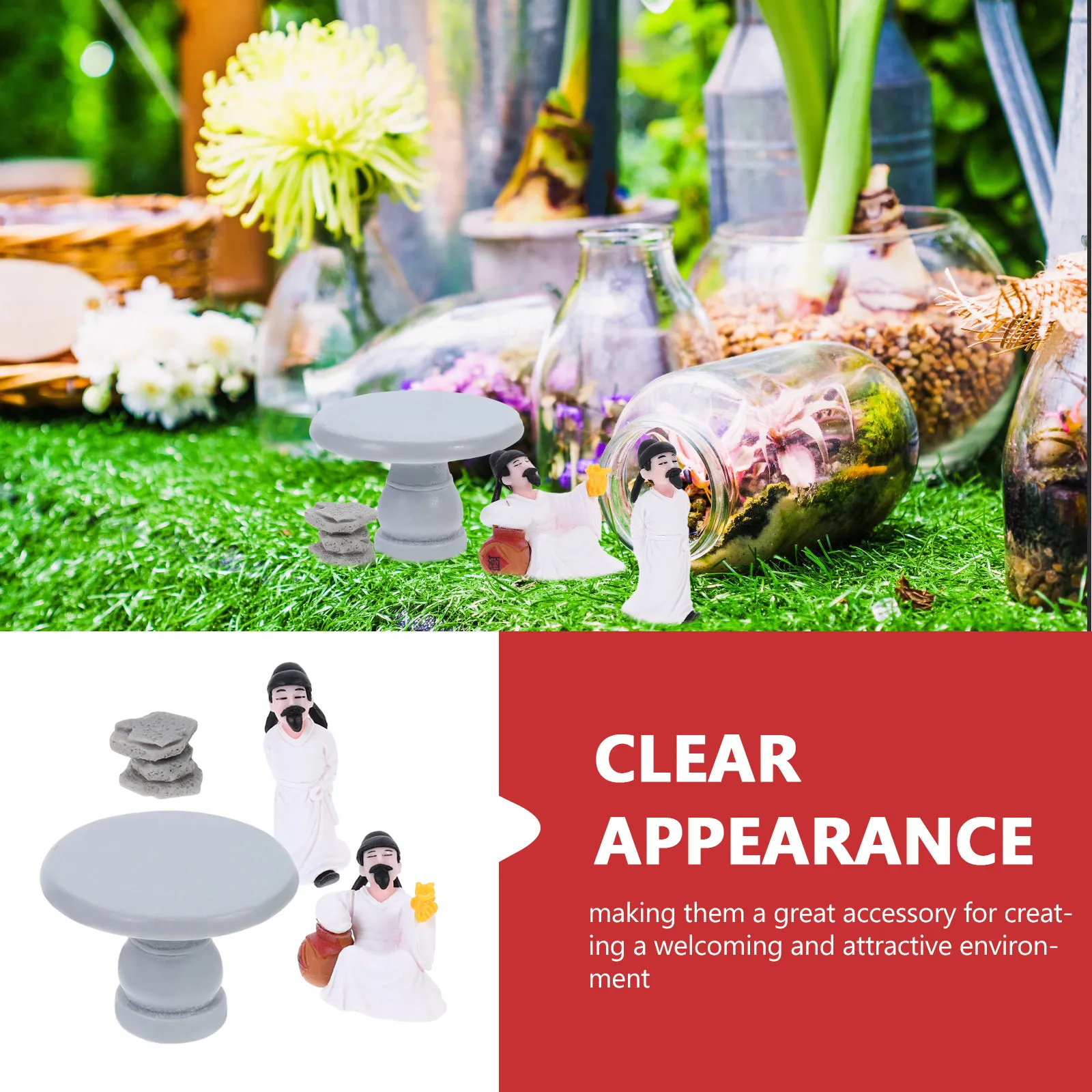 Bonsai Zen Garden Set - ชุดโต๊ะและเก้าอี้ 4 ชิ้นพร้อมรูปปั้นหลี่ สำหรับตกแต่งสวนจิ๋ว เทอร์เรียม เซน