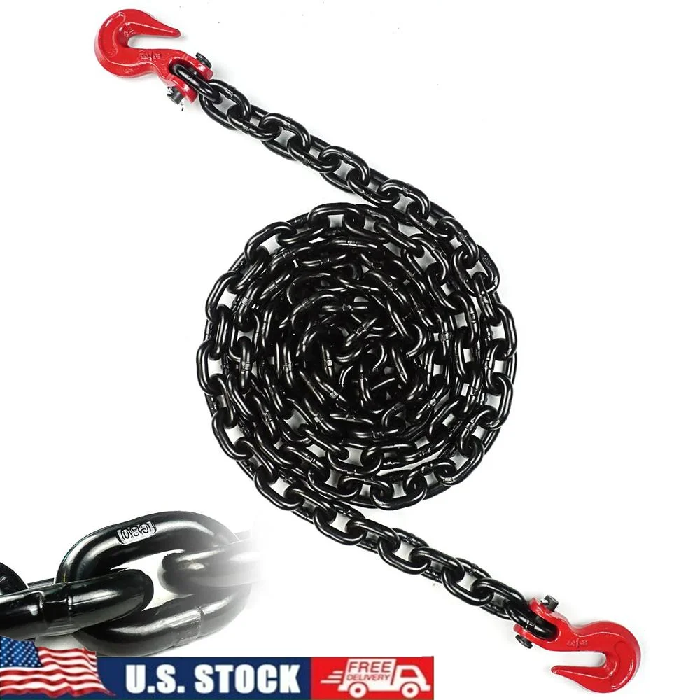 G80 3/8'' x 10FT Tow Chain with Clevis Grab Hooks 7100Lbs Working Load Transport Chain Flatbed Secure Heavy Loads Rigorous Use.