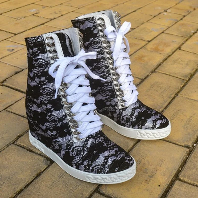 White Lace Height Increasing Women Sneakers Silver Metal Chain Decor Lace Up Wedge Ankle Boots 8CM Round toe Leisure Shoes