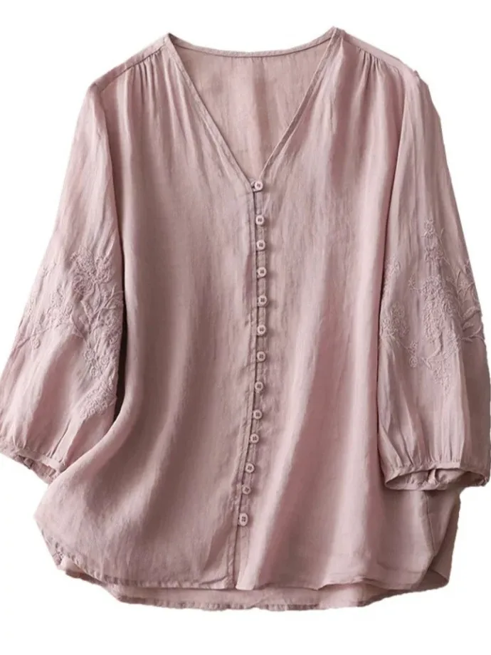 Ele ein Baumwoll-Leinen-gesticktes irt für Damen, Sommer, Übergröße, Bauch, kaschierend, schlankmachend, Seven Sve Damen irt