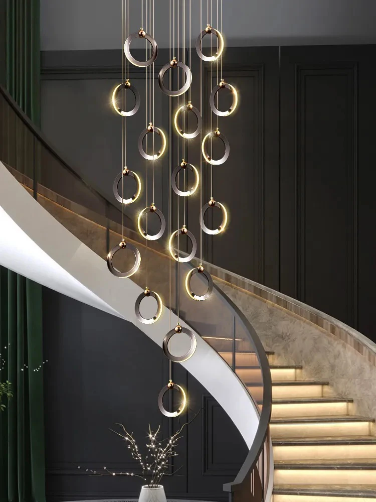 Morden LED Stair Chandelier Loft Dining Room Creative Circular Chrome Exhibition Hall Lamp Duplex Ceiling Indoor Pendant Lightin