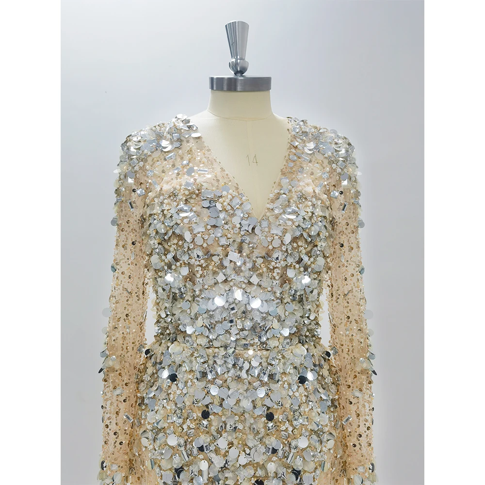 Robe de Soirée de Forme Sirène à Paillettes et Col en V pour Femme, Tenue de Bal Luxueuse Exquise avec Perles et Traîne, Quelle que soit la Mode