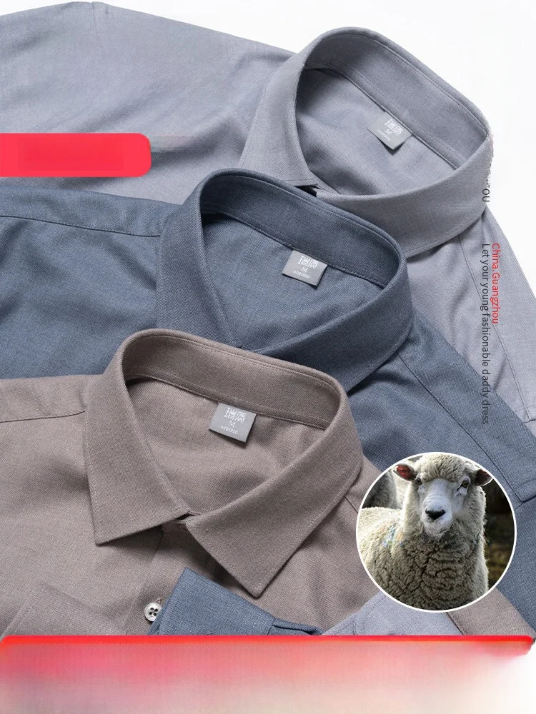 

Wool Blend Men's Shirt Anti-Wrinkle Loose Fit Spring Autumn Clothing for Middle-Aged And Elderly Fashionable Casual Style