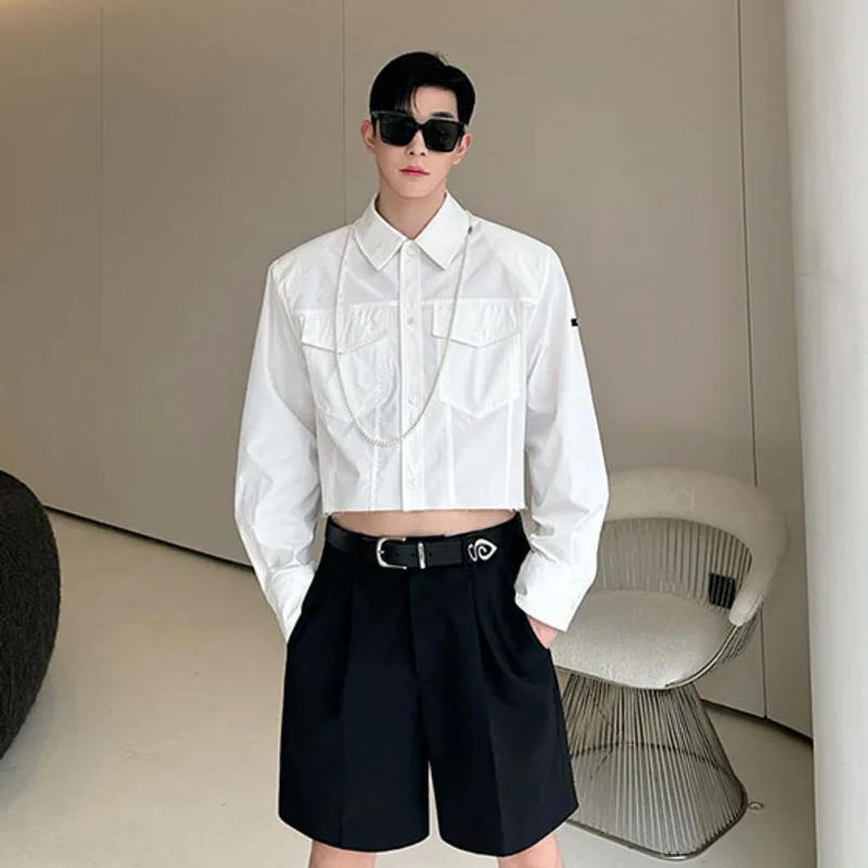 SYUHGFA 2024 Autumn Niche Design Korean Long Sleeve Turn Down Collar Shoulder Padded Shirt High Street Solid Color Short Shirts