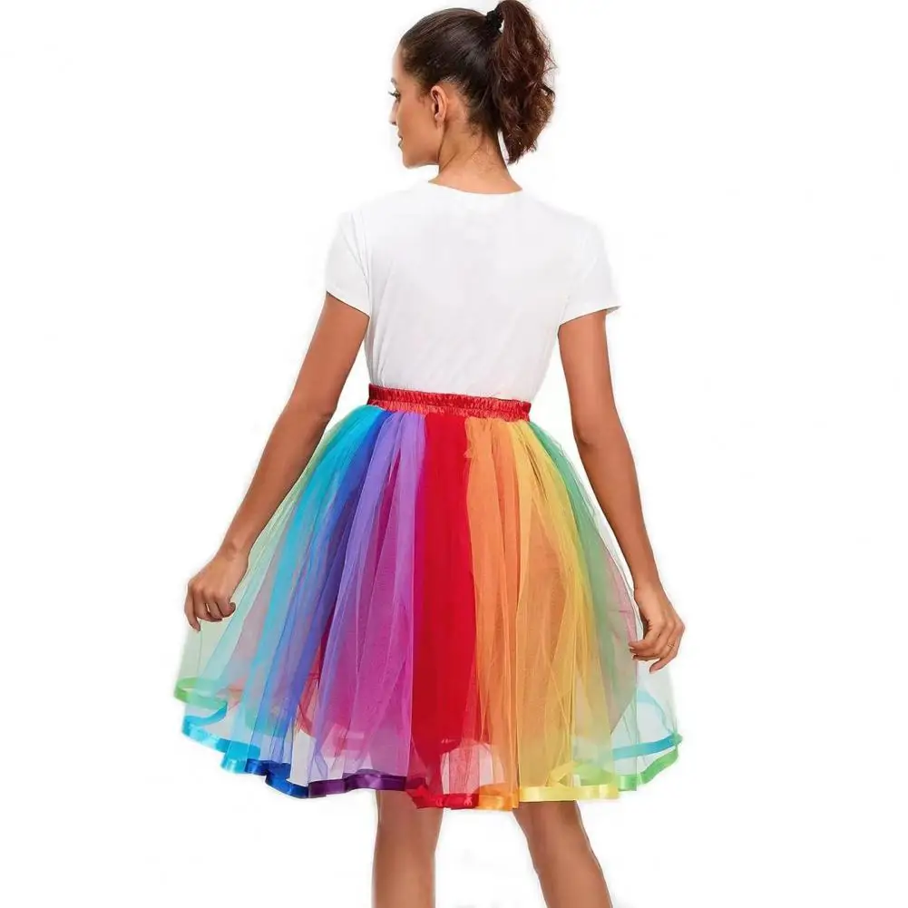 Women Gauze Skirt Elastic Waist Rainbow Color Skirt With Ribbon Edge Multi Layer Full Mesh Skirt