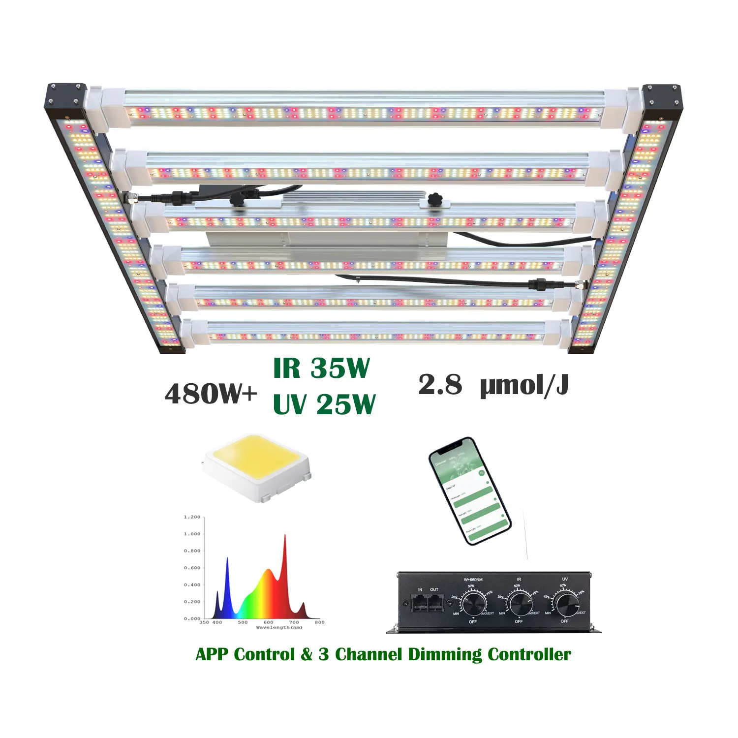 

APP Smart Control 3 Channel Dimming Uv Ir 480w 6+2 bar Grow Lights Full Spectrum Balanced PPFD 600w 680w Led Indoor Grow Light