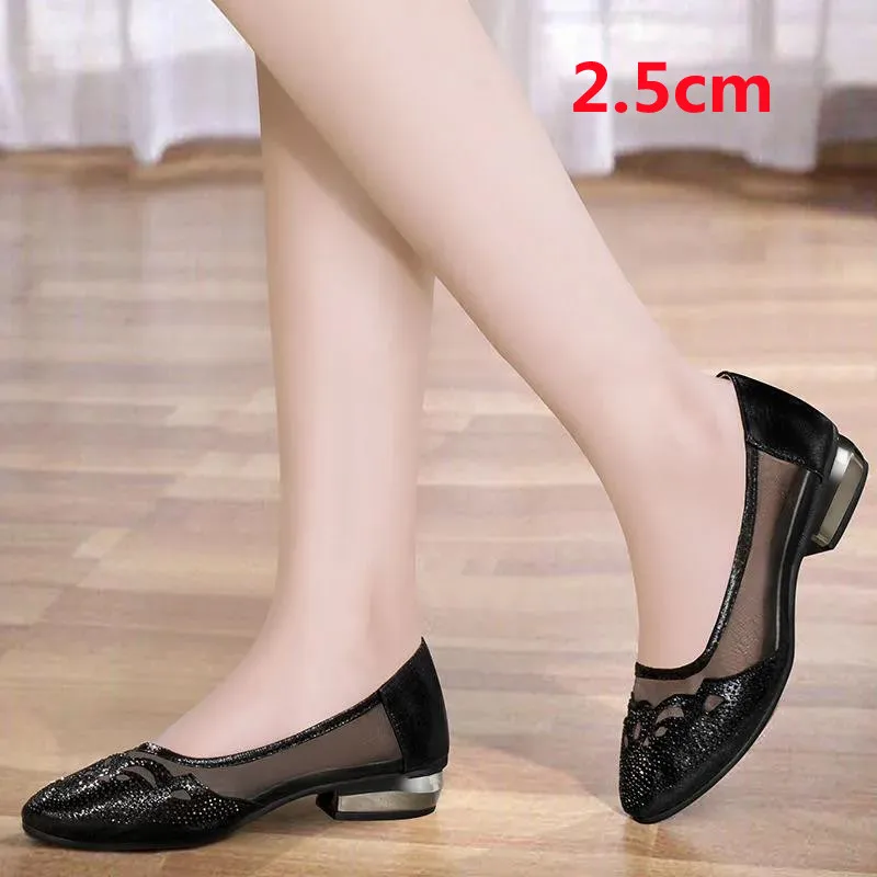 Women Fashion Black Mesh Breathable Square Heel Shoes Woman Zapatos De Mujer Ladies Golden Comfort Autumn Style Heels Womens