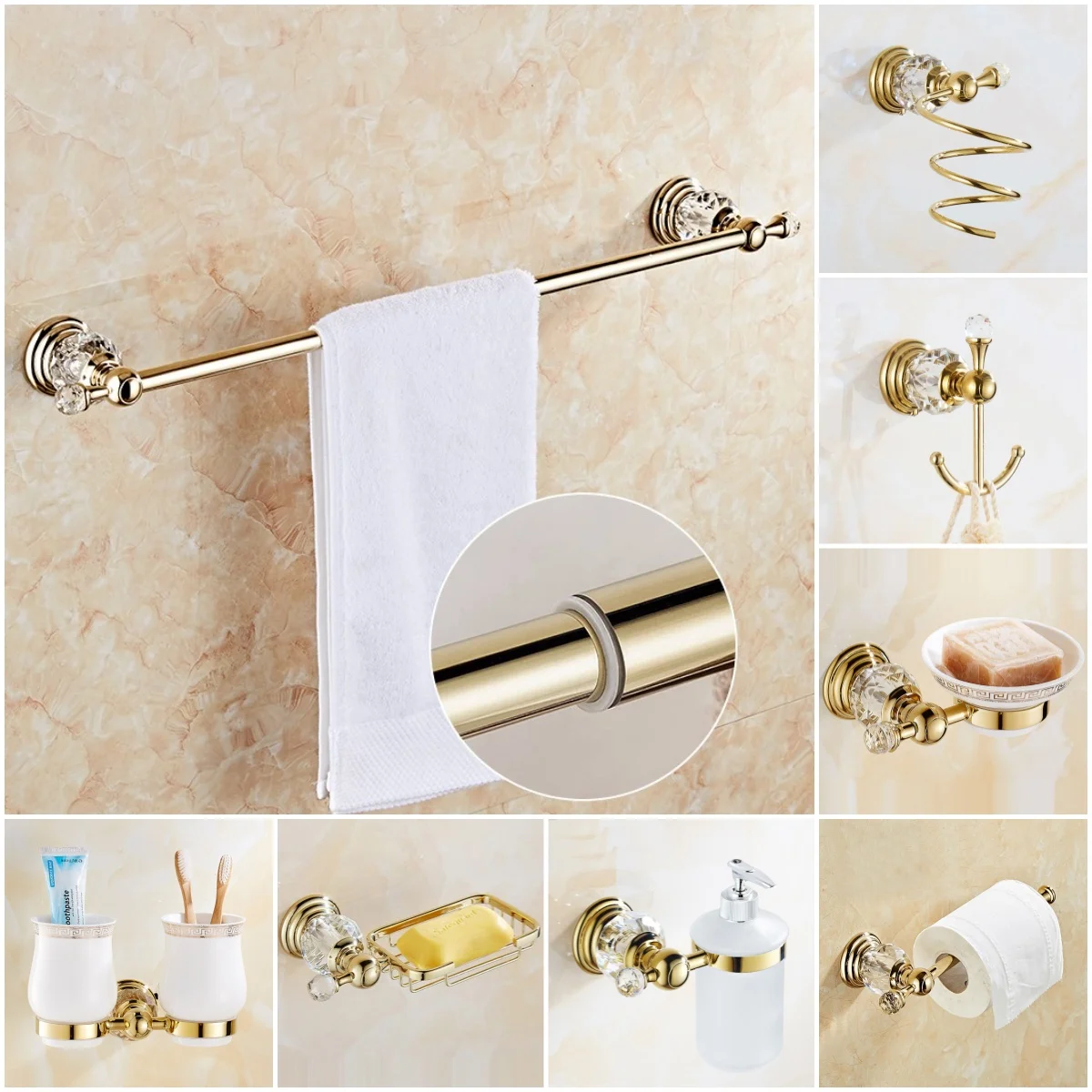 Crystal Bathroom Accessories Towel Rack Toilet Paper Holder Robe hook Tumbler Holder GoldSoap Dish Bathroom Hardware