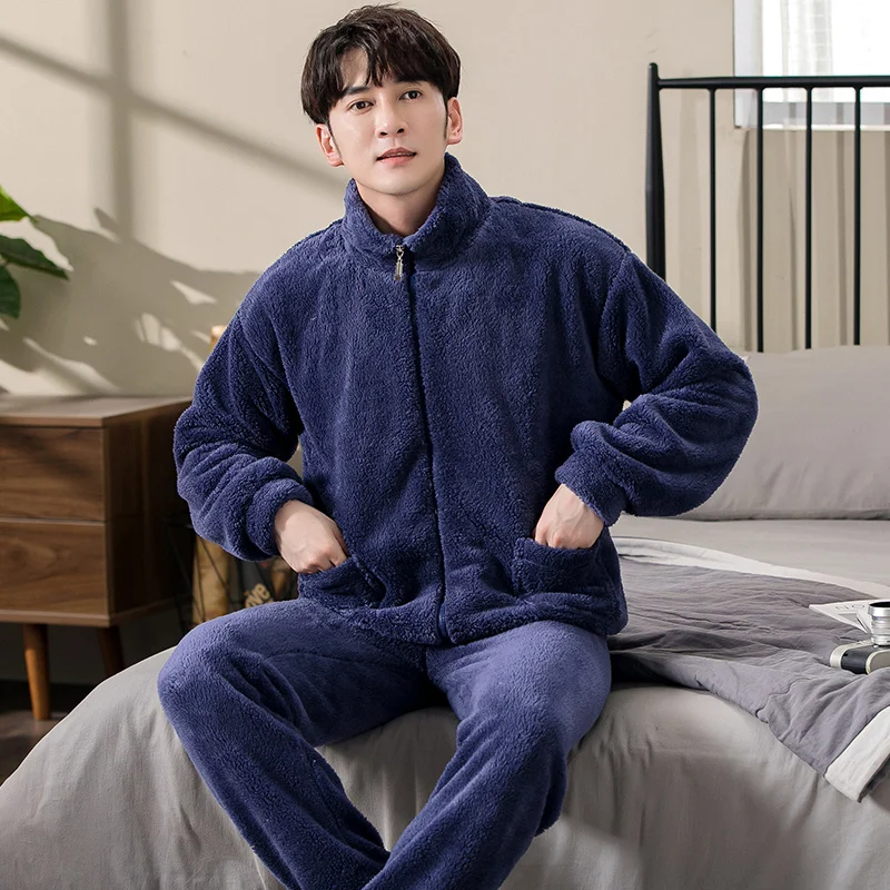 Conjunto de pijama de franela gruesa para hombre, ropa de dormir con cremallera, de manga larga, cálida y sólida, para Otoño e Invierno