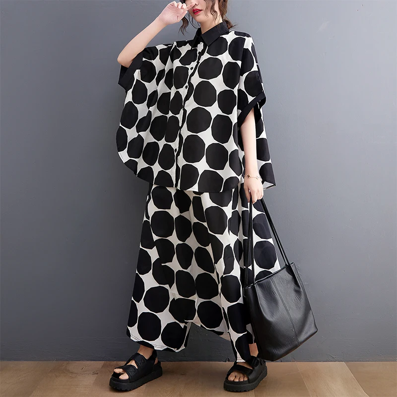 

Plus Size Summer Slimming Design Faionable Women's Set ort Sve Thin Wide Leg Pants irt Two-Piece Suit Korean Sle round Dot P...