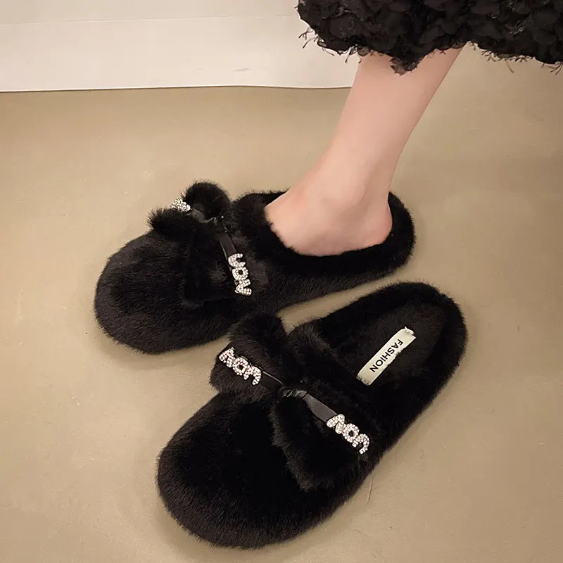 Luxury rhinestone design furry slippers Women Winter Thick Sole Plush Slippers Ladies Soft comfortable warm indoor home Slippers image 4