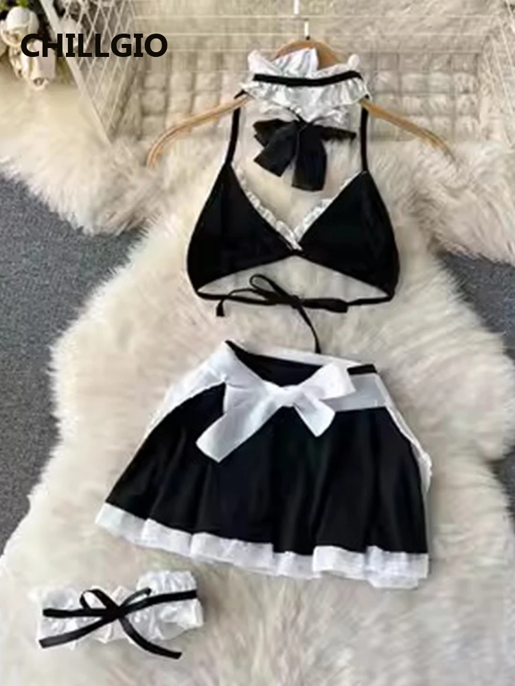 CHILLGIO Women Sexy Maid Uniform Skirt Suits Erotic Cosplay Lingerie Costume Ins Hotsweet Fashion Sleepwear 6 Pieces Pajamas Set