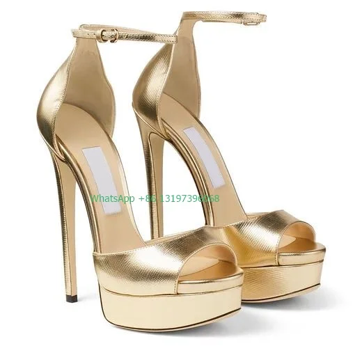 Lady peep toe gold sandals platform cover heels buckle strap sexy dress T show dance punk pumps large size footwear 43