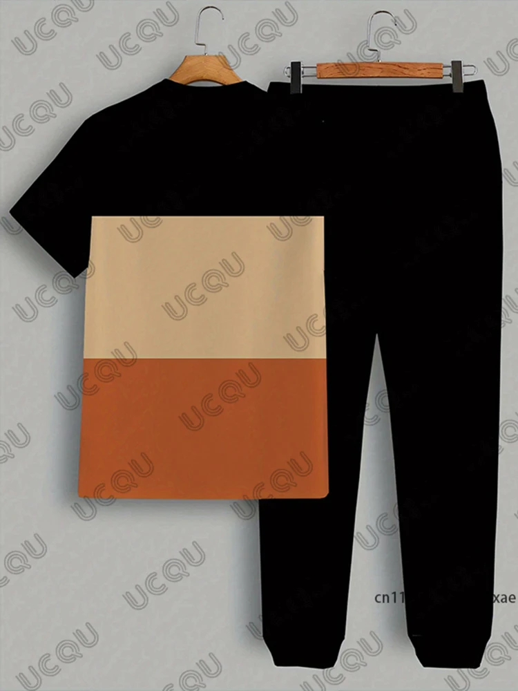 Pantaloni da uomo Tuta Set da 2 pezzi Parigi Color Block Stampa Autunno Jogger Sport T-shirt a maniche corte + Pantaloni lunghi Abbigliamento casual